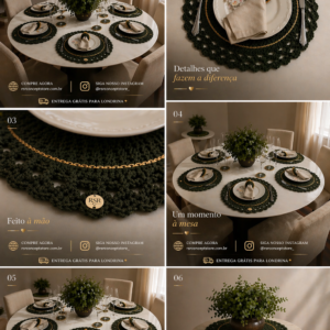 Kit - Sousplat de Crochê Luxo Verde Militar com Detalhe Dourado – 43cm