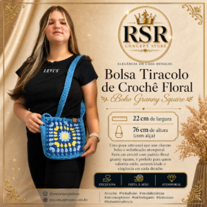 Bolsa Tiracolo de Crochê Floral – Boho Granny Square – 22x76cm