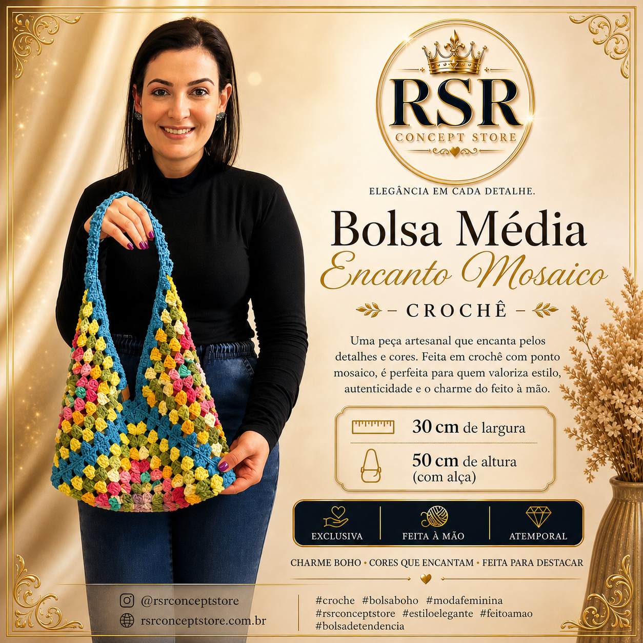 Bolsa Média Encanto Mosaico - Crochê - Linha Riviera