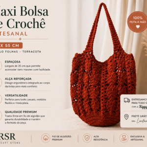 Bolsa - Maxi Bolsa de Crochê Artesanal – 35x55cm – Modelo Folhas Terracota