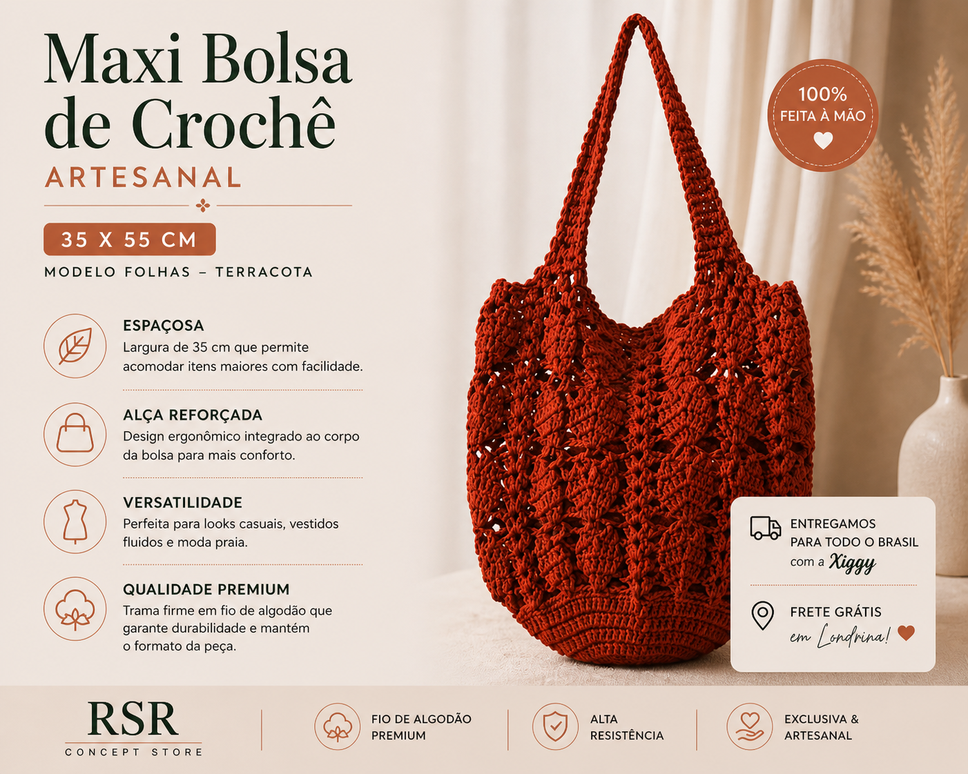 Bolsa - Maxi Bolsa de Crochê Artesanal – 35x55cm – Modelo Folhas Terracota