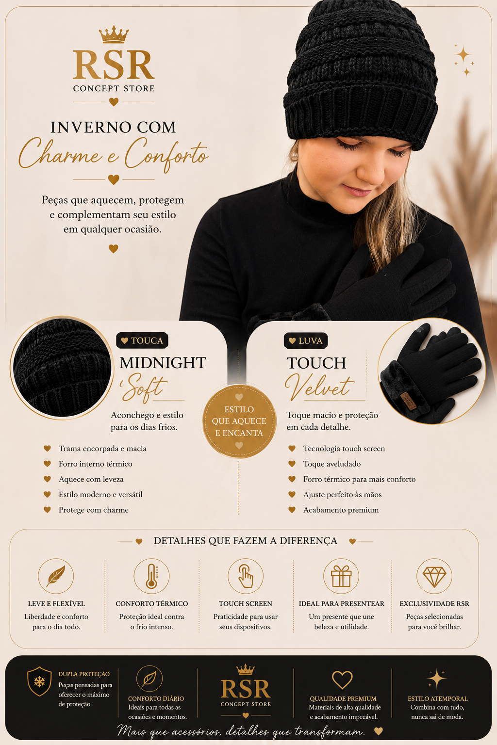 Touca Black Midnight Soft e Luva Black Velvet Soft