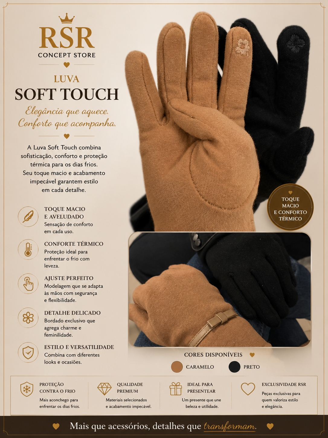 Luva Soft Preta e Caramelo
