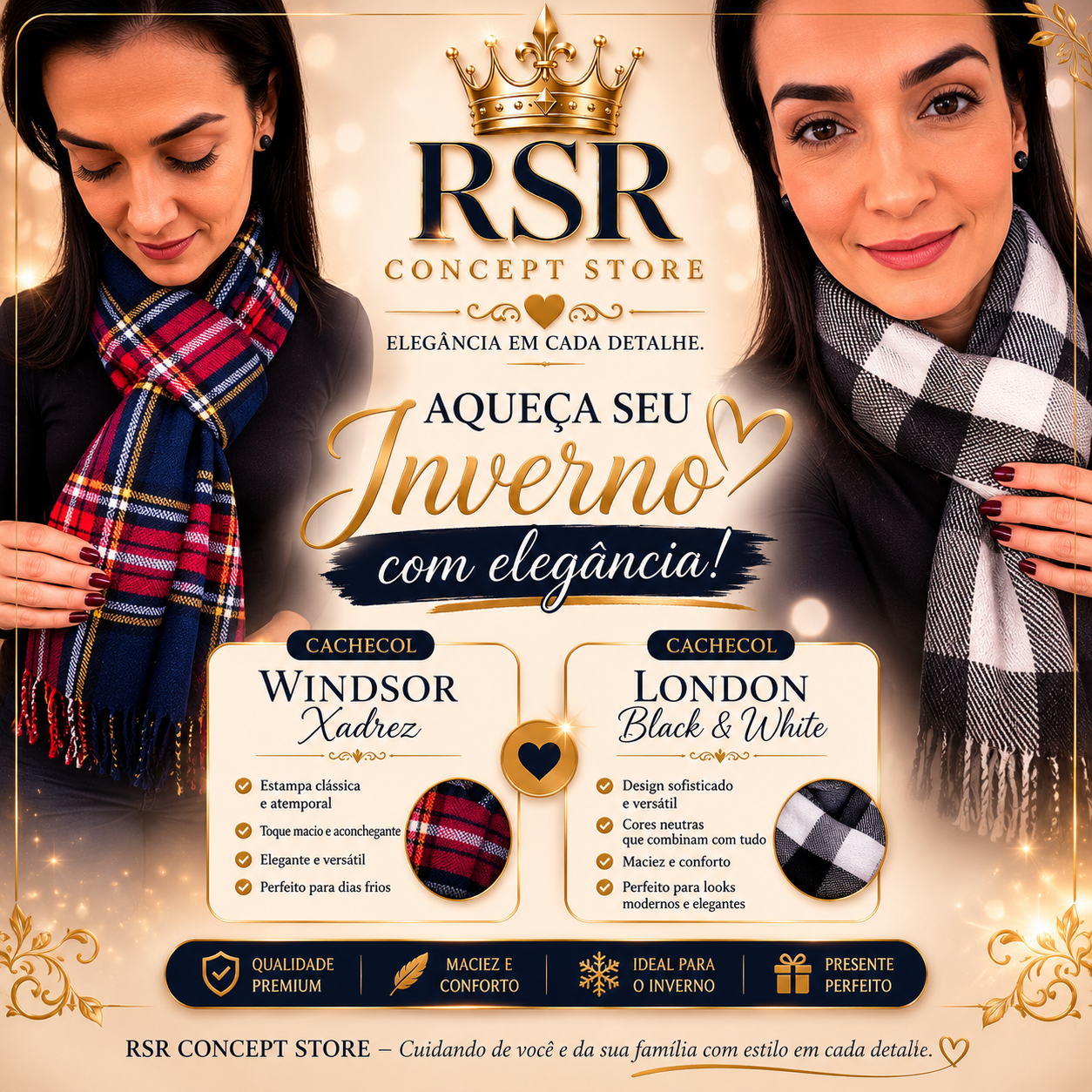 Cachecol Windsor Xadrez e Cachecol London Black & White