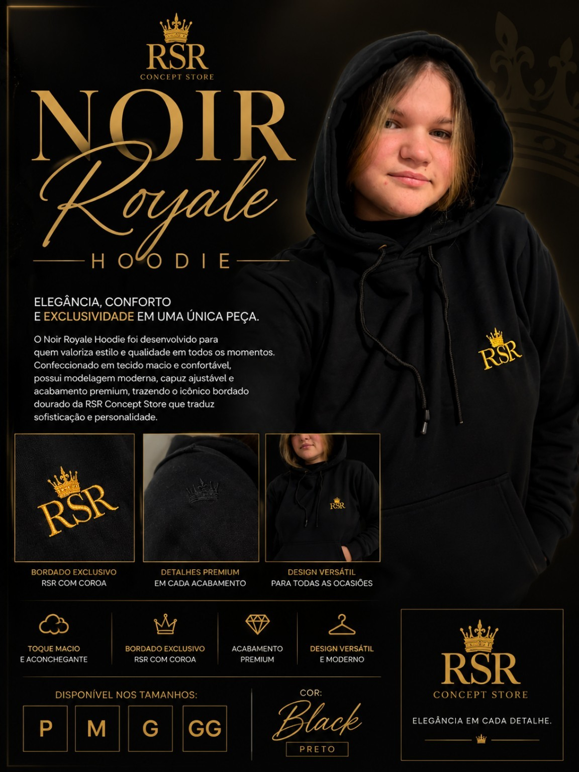 Moletom Capuz Noir Royale Hodie