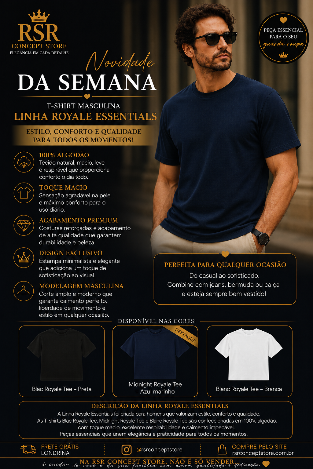 T - Shirt - Linha Royale Essential- Midnight Royale Tee - Trio