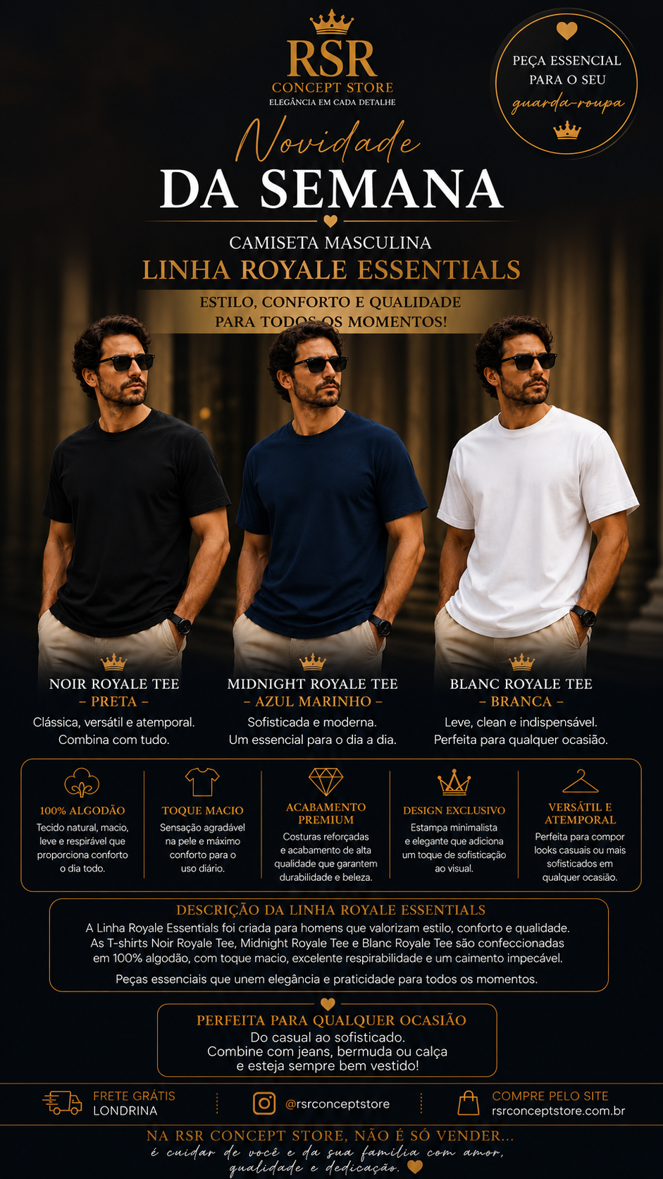 T - Shirt - Linha Royale Essential- Noir Royale Tee , Midnight Royale Tee, Blanc Royale Tee- Trio