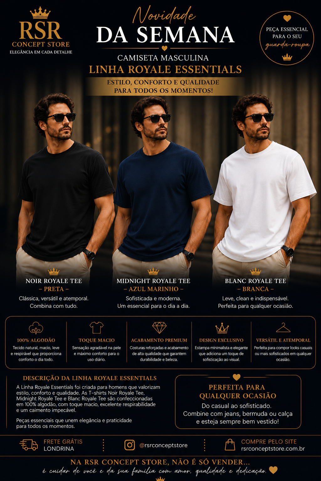 T - Shirt - Linha Royale Essential- Noir Royale Tee , Midnight Royale Tee, Blanc Royale Tee- Trio - Imagem 2